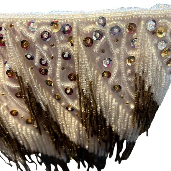 Vintage 1990s Cream & Bronze Beaded Fringe Satin-Finish Evening Bag Handmade - Picture 3 of 10